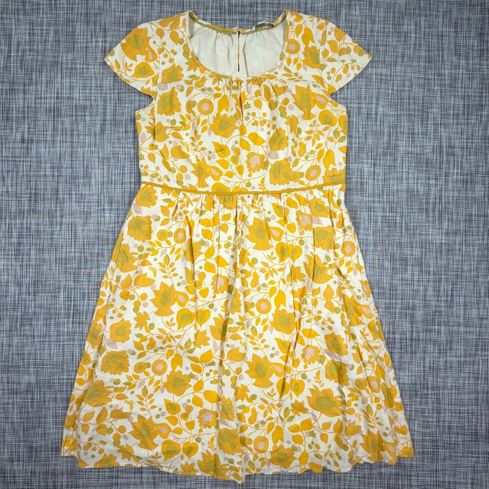 Boden Womens Floral Linen Dress Yellow White Cap Sleeve Lined Size US 12L UK 16L